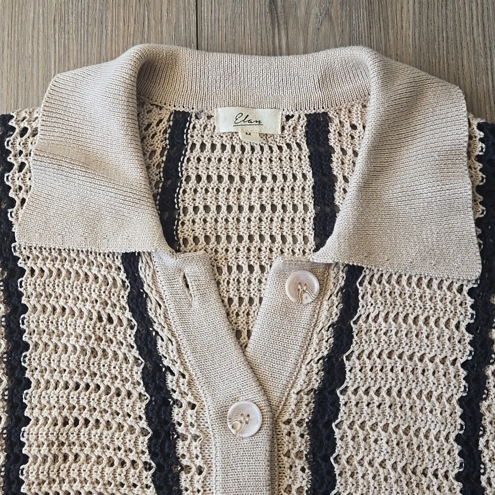 Elan Crochet Loose Knit Button Down Grandpa Sweater